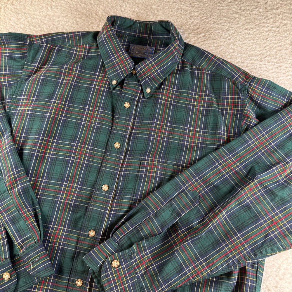 Pendleton Button Down Shirt Flannel USA Vintage Mens XL Green Plaid 100% Wool